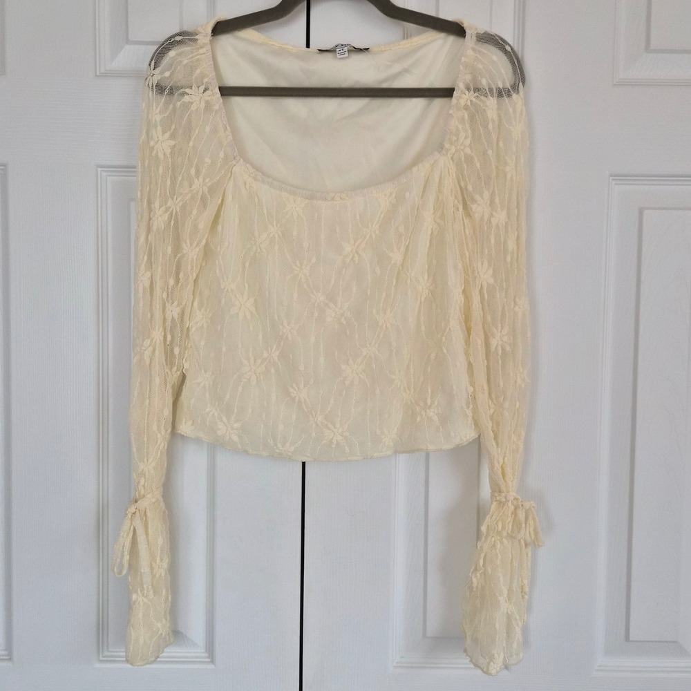Grey Bandit Cream Floral Lace Long Sleeve Square Neck Tie Wrist Top XL Coquette